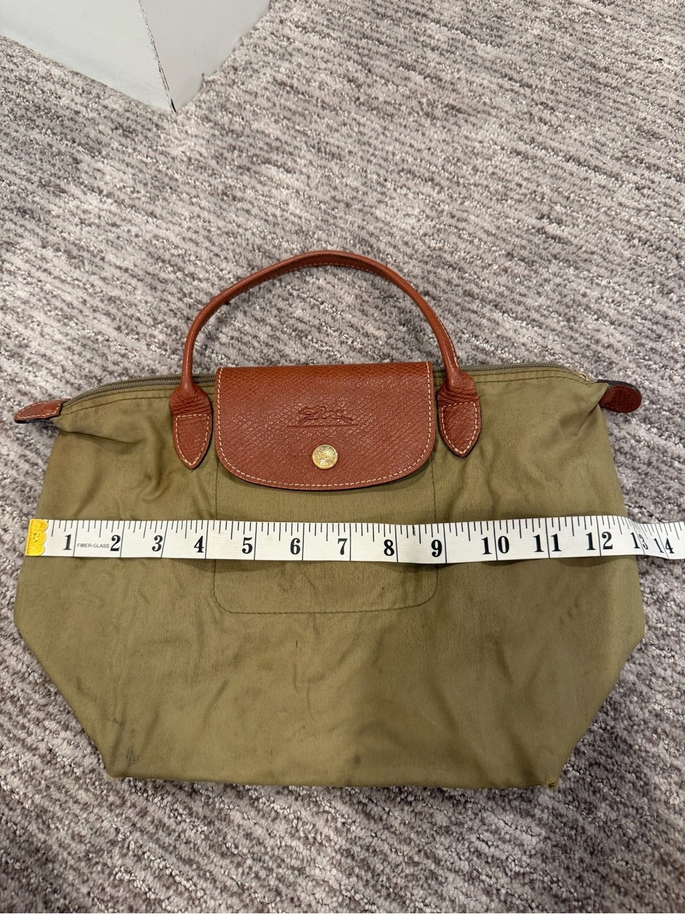 Longchamp Le Pliage Small Top Handle Tote Bag Khaki Green Made in France 13”x8.5 - Picture 10 of 11